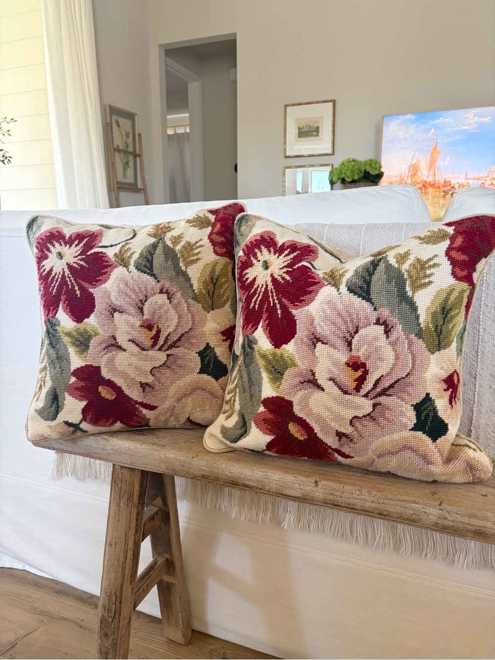 Vintage Floral Needlepoint Throw Pillows - Set of 2